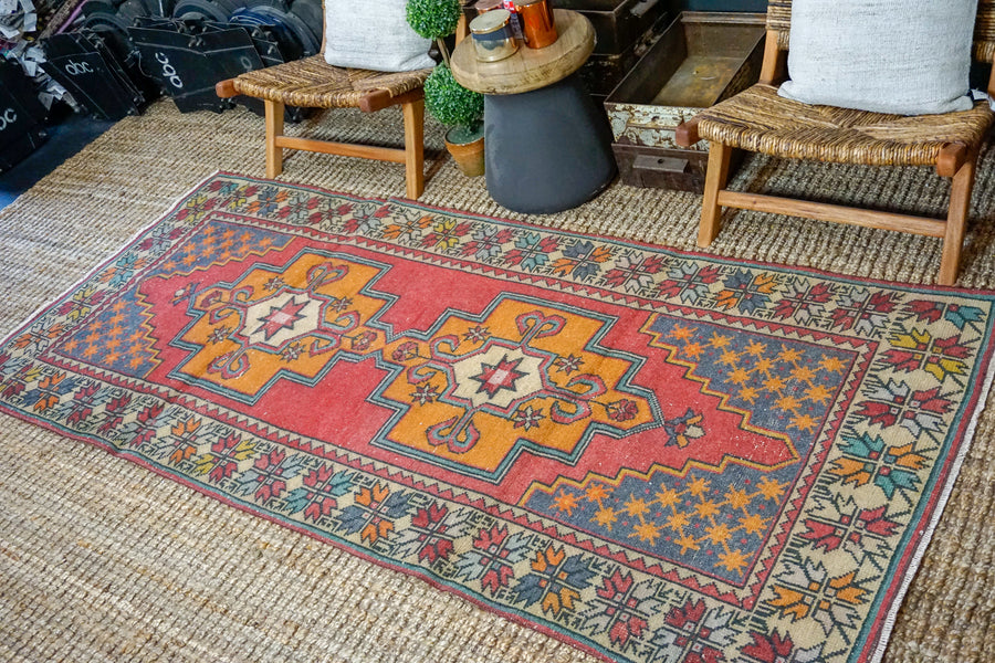 3’9 x 8’7 Oushak Rug Muted Red, Denim + Tangerine Vintage Turkish Carpet