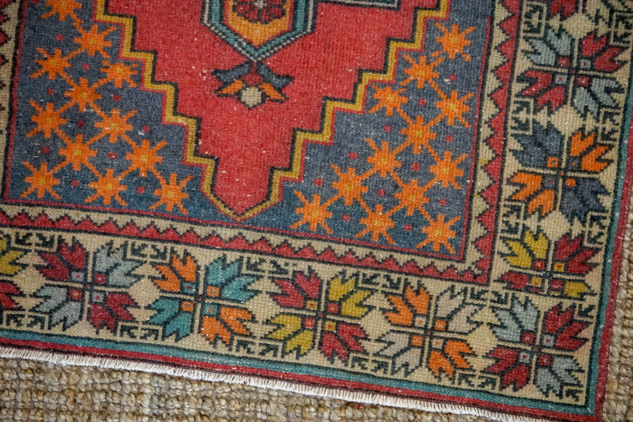 3’9 x 8’7 Oushak Rug Muted Red, Denim + Tangerine Vintage Turkish Carpet