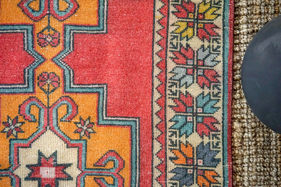 3’9 x 8’7 Oushak Rug Muted Red, Denim + Tangerine Vintage Turkish Carpet