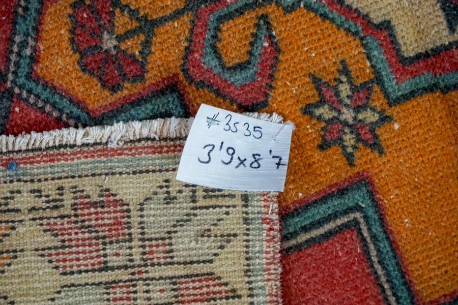 3’9 x 8’7 Oushak Rug Muted Red, Denim + Tangerine Vintage Turkish Carpet