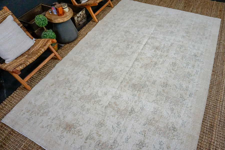 6’7 x 10’5 Vintage Oushak Rug Sand Beige, Copper and Green Carpet