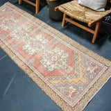 2’9 x 9’ Vintage Oushak Runner Muted Red, Apricot & Gray