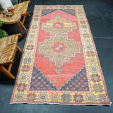 4’5 x 9’7 Classic Vintage Oushak Carpet Muted Watermelon, Navy + Gold