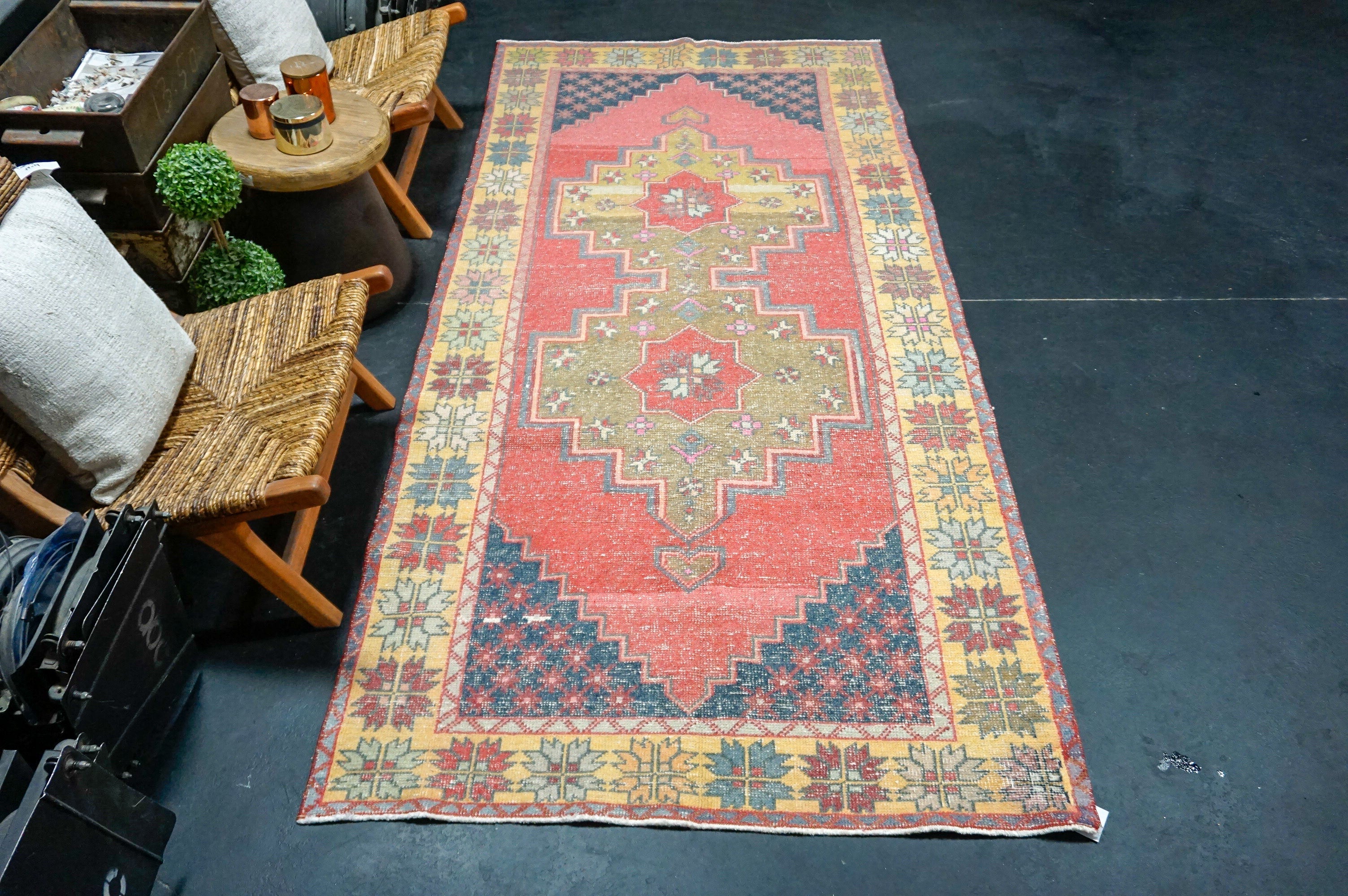 4’5 x 9’7 Classic Vintage Oushak Carpet Muted Watermelon, Navy + Gold '4361 Linda's Barn