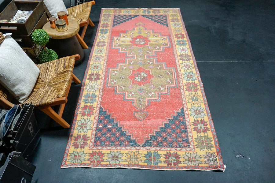 4’5 x 9’7 Classic Vintage Oushak Carpet Muted Watermelon, Navy + Gold