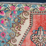 4’4 x 7’3 Classic Vintage Oushak Carpet Muted Watermelon, Turquoise + Pink