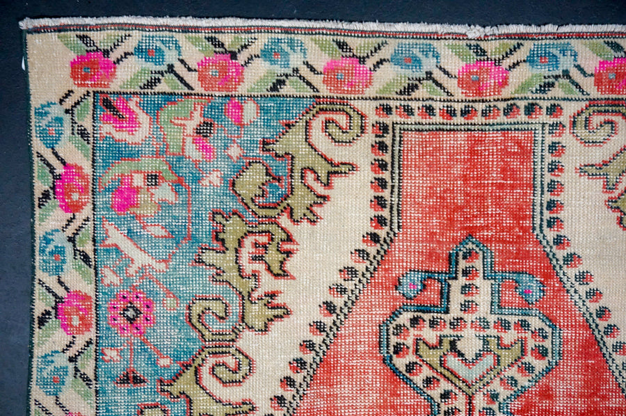 4’4 x 7’3 Classic Vintage Oushak Carpet Muted Watermelon, Turquoise + Pink