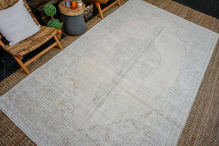 6’6 x 11’ Vintage Oushak Rug Muted Sea Green + Beige Carpet