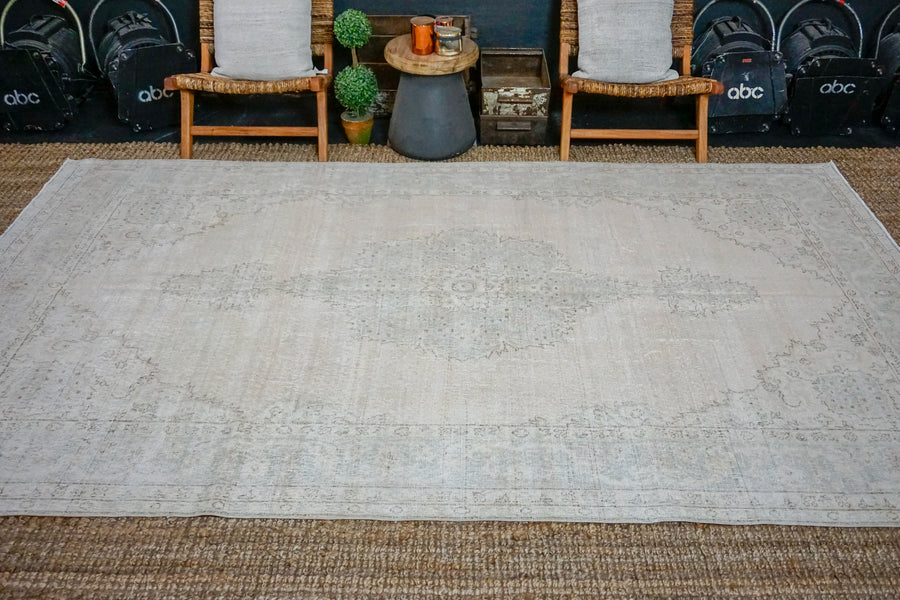 6’6 x 11’ Vintage Oushak Rug Muted Sea Green + Beige Carpet