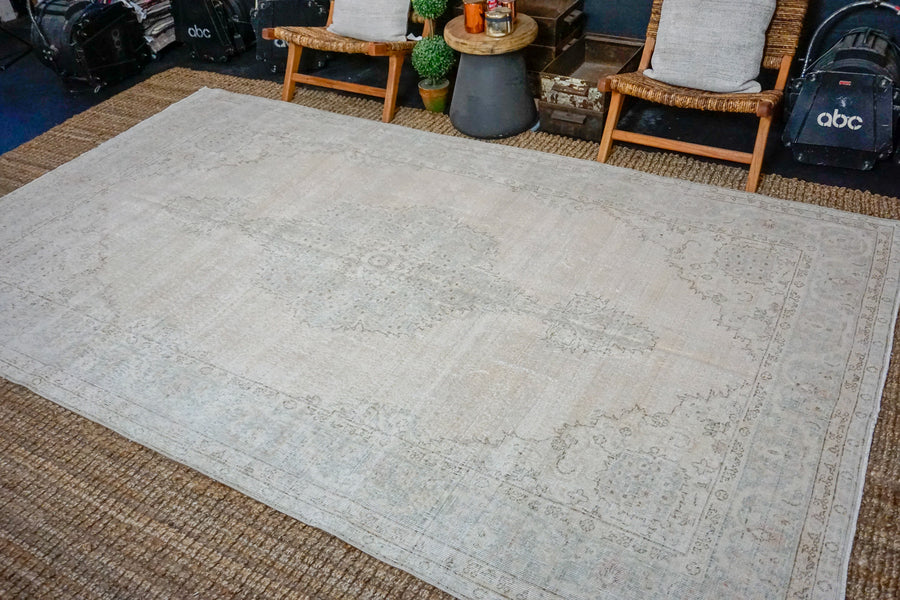 6’6 x 11’ Vintage Oushak Rug Muted Sea Green + Beige Carpet