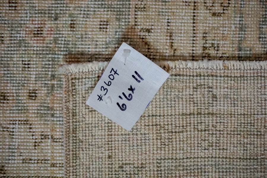 6’6 x 11’ Vintage Oushak Rug Muted Sea Green + Beige Carpet