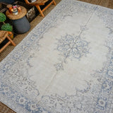 6’6 x 10’3 Vintage Oushak Rug Muted Indigo Blue + Beige Carpet '3609
