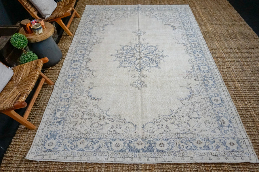 6’6 x 10’3 Vintage Oushak Rug Muted Indigo Blue + Beige Carpet
