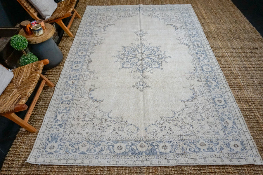 6’6 x 10’3 Vintage Oushak Rug Muted Indigo Blue + Beige Carpet