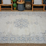 6’6 x 10’3 Vintage Oushak Rug Muted Indigo Blue + Beige Carpet '3609