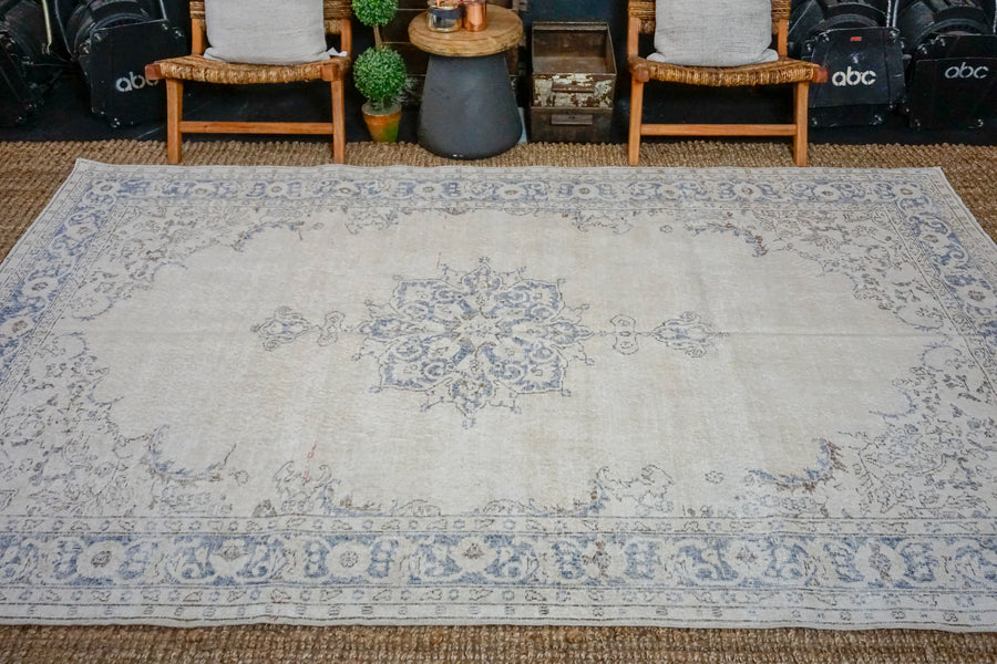 6’6 x 10’3 Vintage Oushak Rug Muted Indigo Blue + Beige Carpet