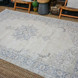 6’6 x 10’3 Vintage Oushak Rug Muted Indigo Blue + Beige Carpet '3609