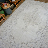 6’9 x 10’10 Vintage Oushak Rug Muted  Camel + Beige & Espresso Carpet '3619