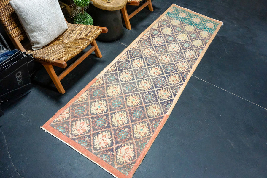 2’6 x 8’8 Vintage Runner Muted Indigo Blue, Beige & turquoise