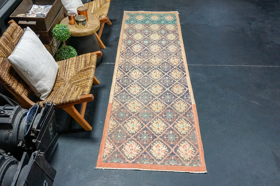 2’6 x 8’8 Vintage Runner Muted Indigo Blue, Beige & turquoise