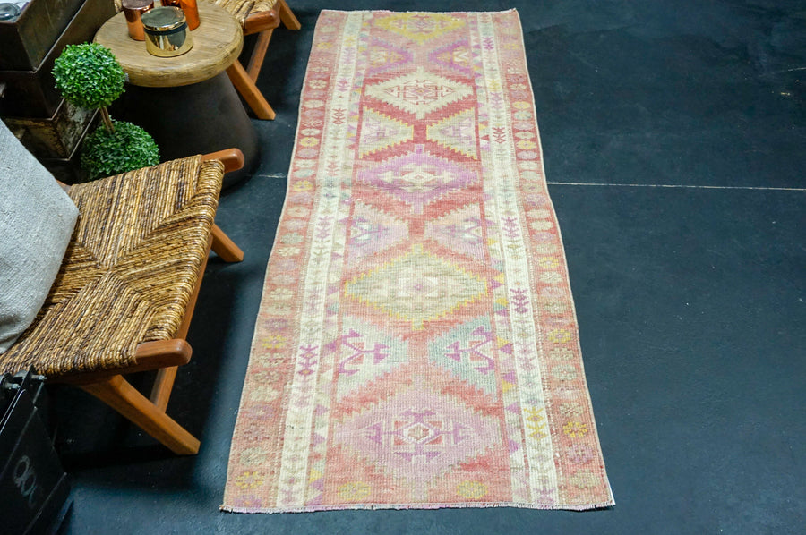 2’9 x 7’1 Vintage Herki Runner Coral, Bone & Yellow