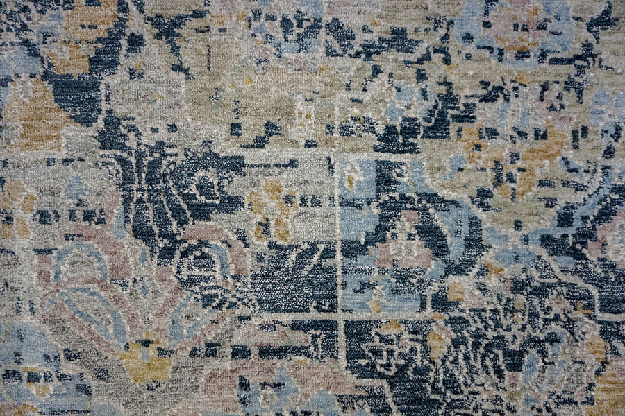 9 x 12 Vintage Safiveh Design Silk Carpet Dark Blue, Powder Blue, Brass and Mauve