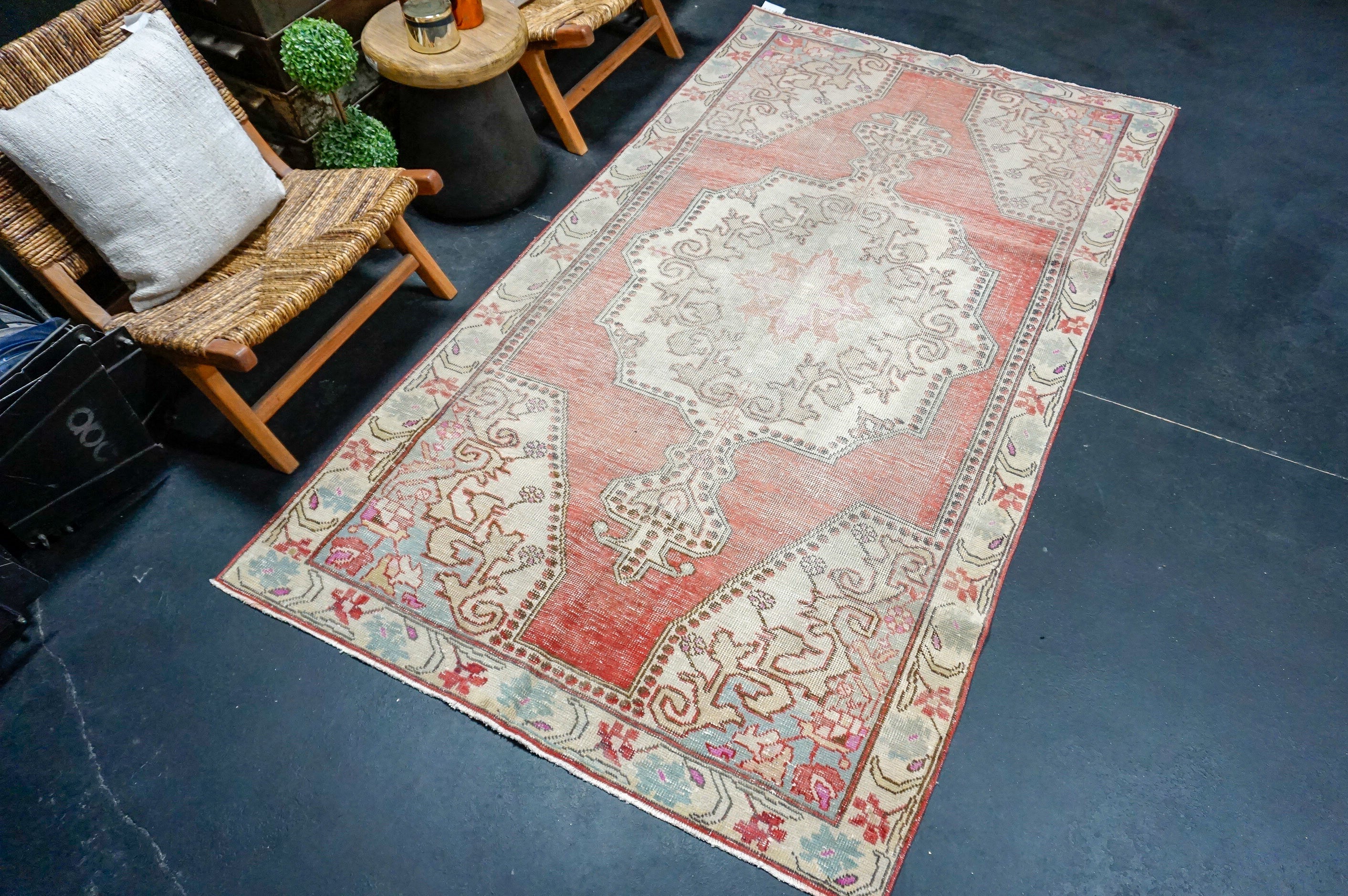 4’8 x 8’7 Vintage Oushak Rug Muted Gray, Red & Aqua '4143 Linda's Barn
