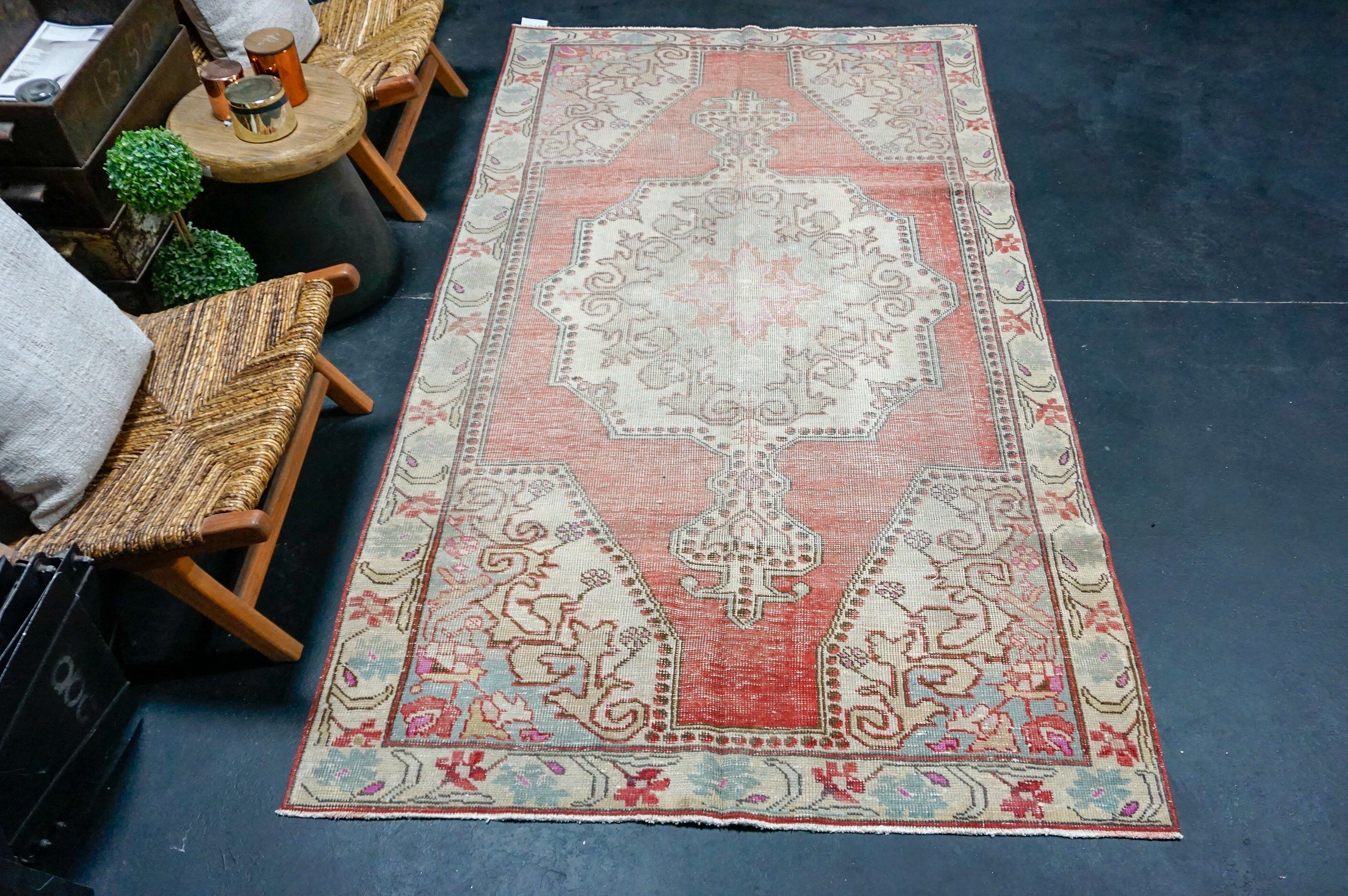 4’8 x 8’7 Vintage Oushak Rug Muted Gray, Red & Aqua '4143 Linda's Barn