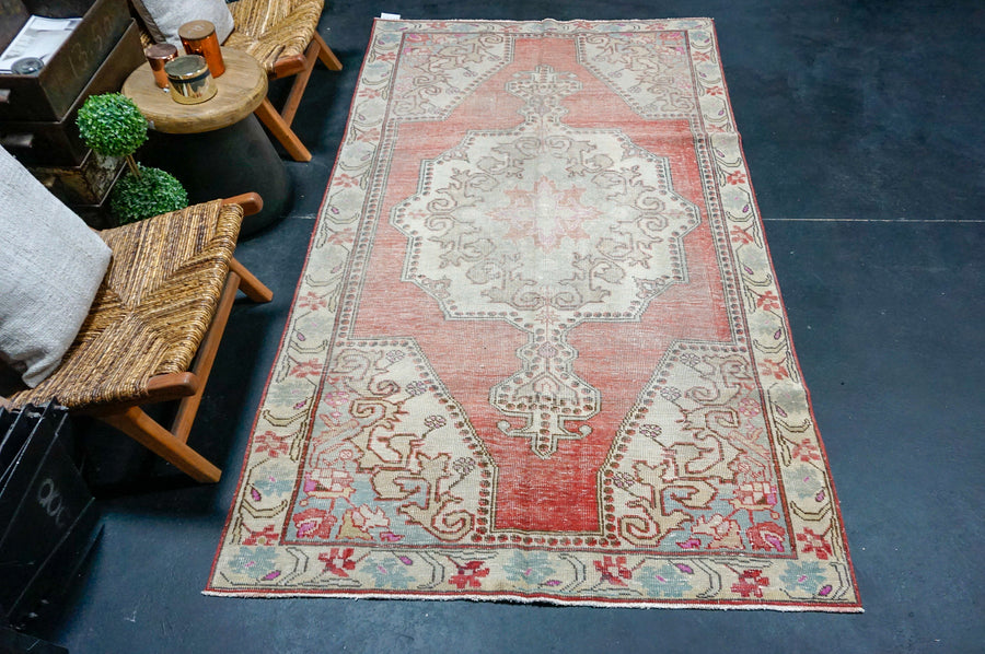 4’8 x 8’7 Vintage Oushak Rug Muted Gray, Red & Aqua