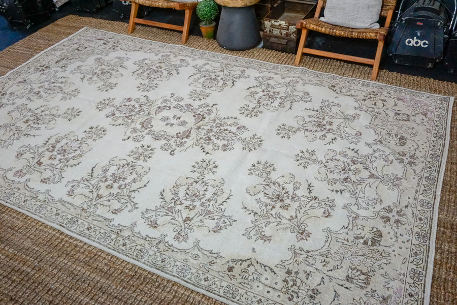 7’ x 10’11 Vintage Oushak Rug Muted Beige, Violet, Brown + Ecru Carpet