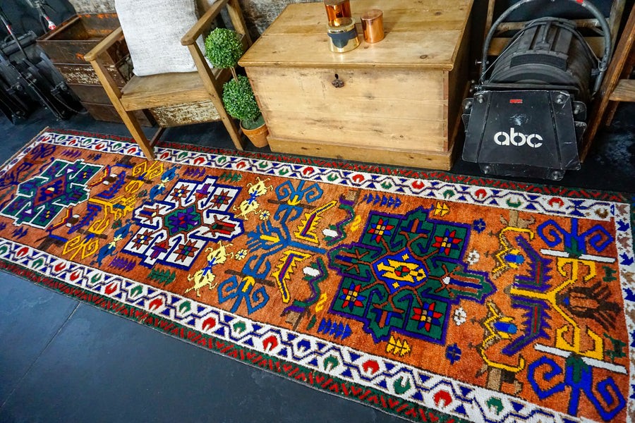 3’3 x 10’11 Vintage Herki Runner Brown + Bright Colors