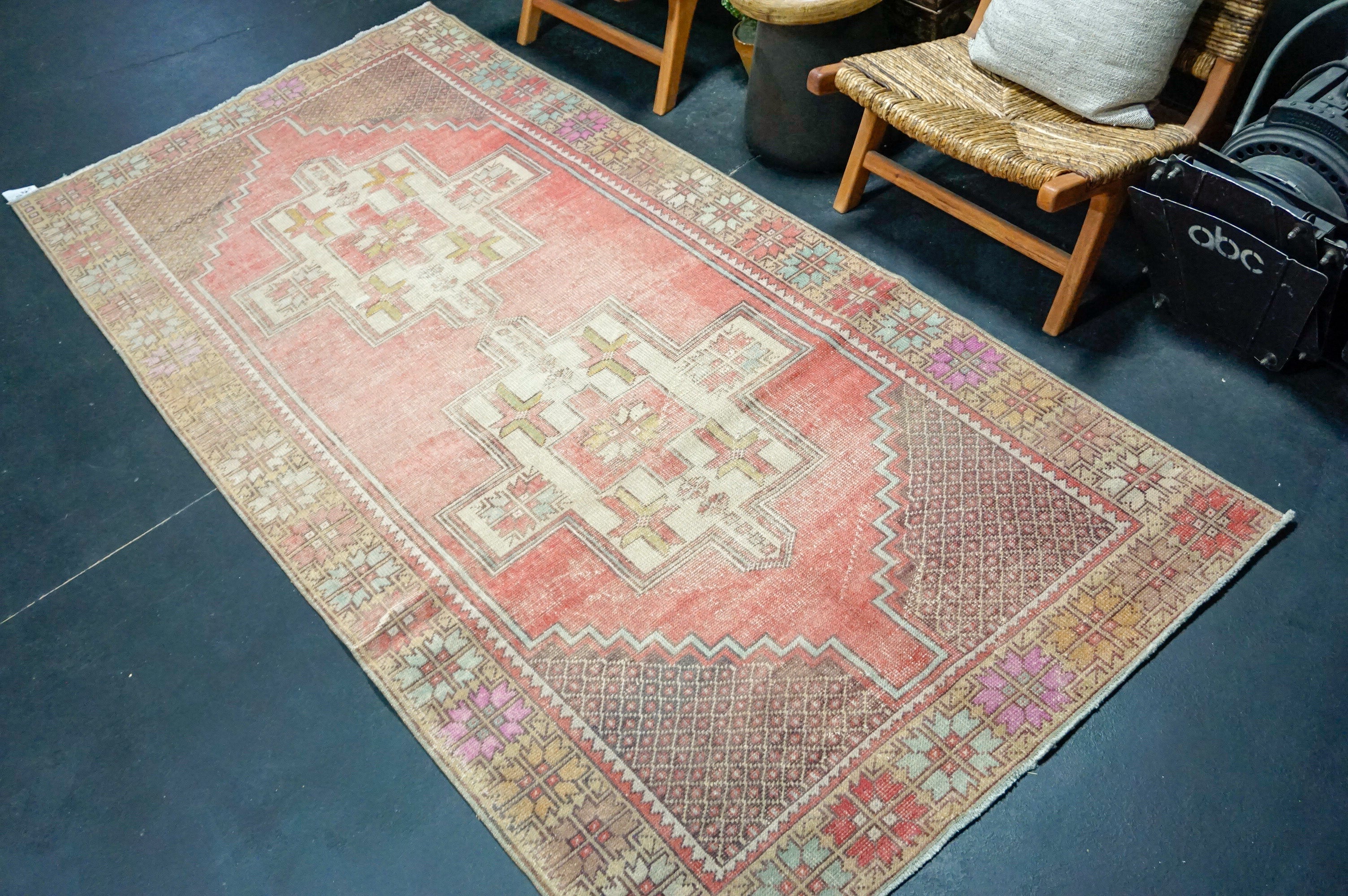 4’5 x 9’6 Vintage Oushak Rug Muted Red, Gray + Brown '4384 Linda's Barn