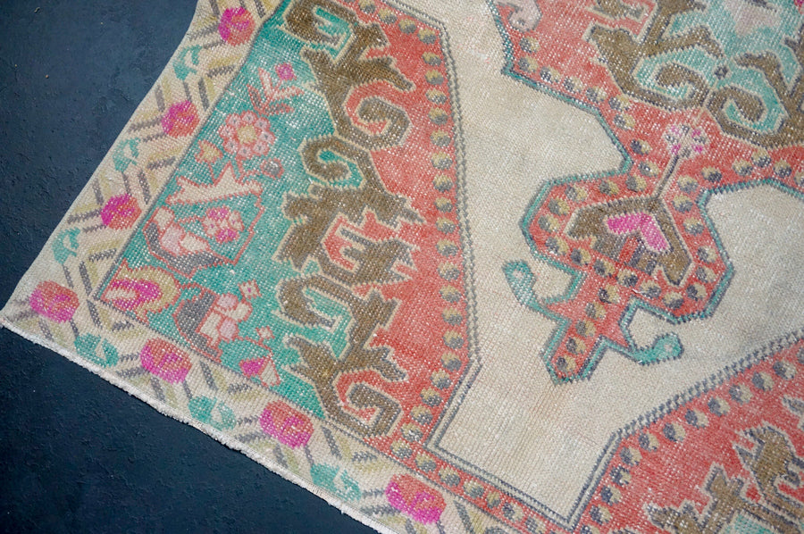 4’4 x 7’ Vintage Oushak Rug Muted Coral Red, Turquoise & Bronze