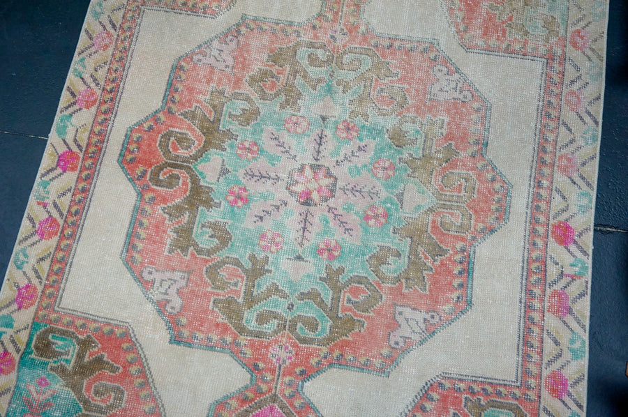 4’4 x 7’ Vintage Oushak Rug Muted Coral Red, Turquoise & Bronze