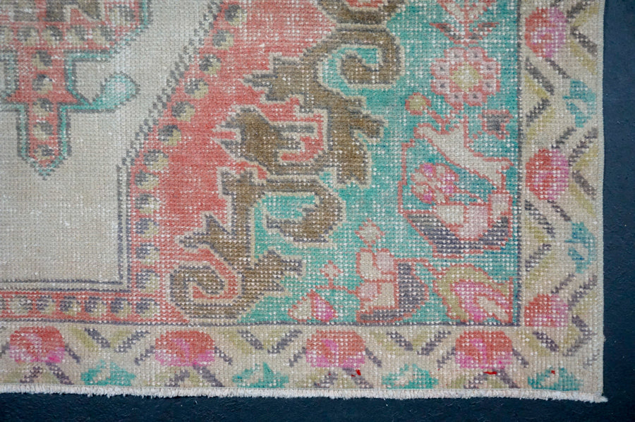 4’4 x 7’ Vintage Oushak Rug Muted Coral Red, Turquoise & Bronze