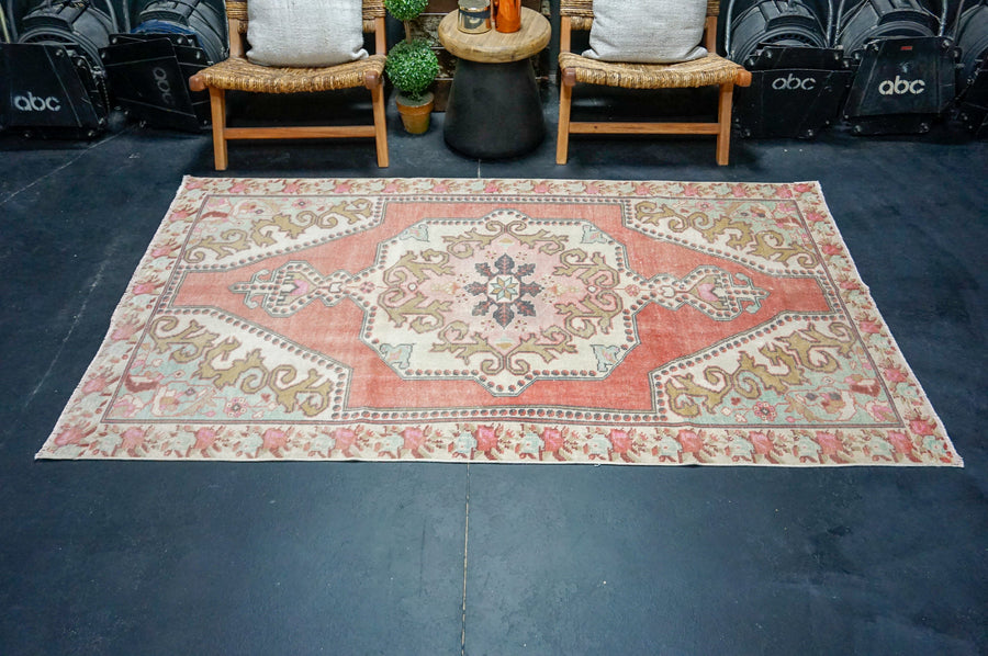 4’4 x 7’5 Vintage Oushak Rug Muted Red, Aqua & Camel