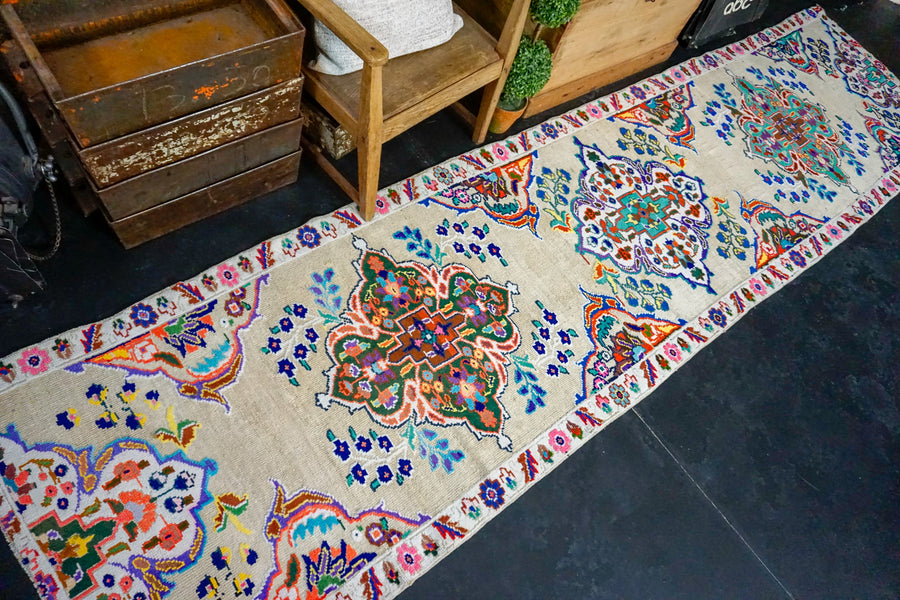 3’2 x 13’ Vintage Herki Runner Beige + Bright Colors