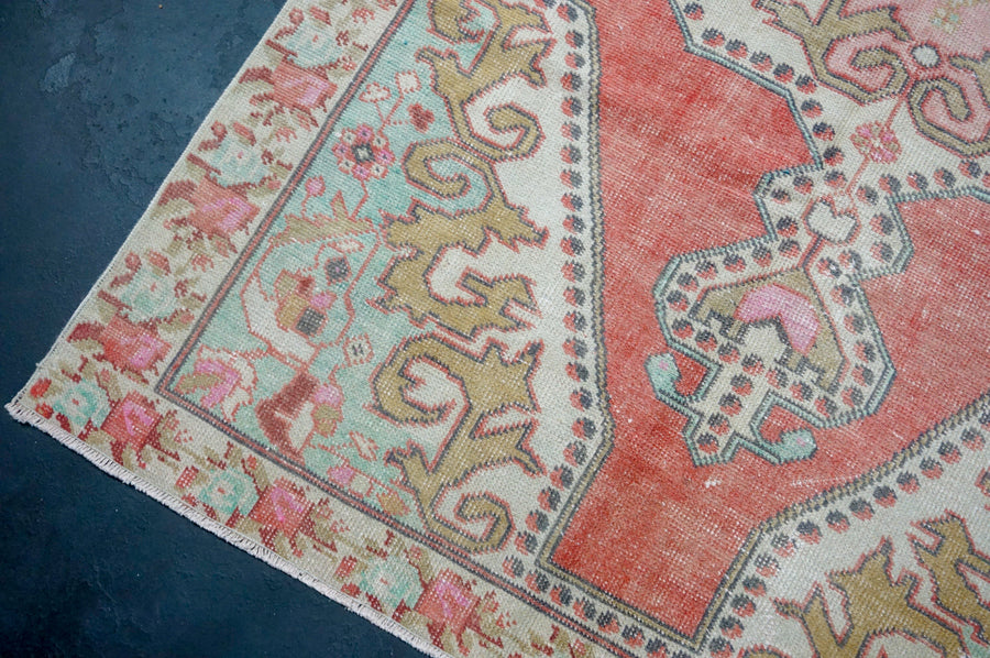 4’4 x 7’5 Vintage Oushak Rug Muted Red, Aqua & Camel
