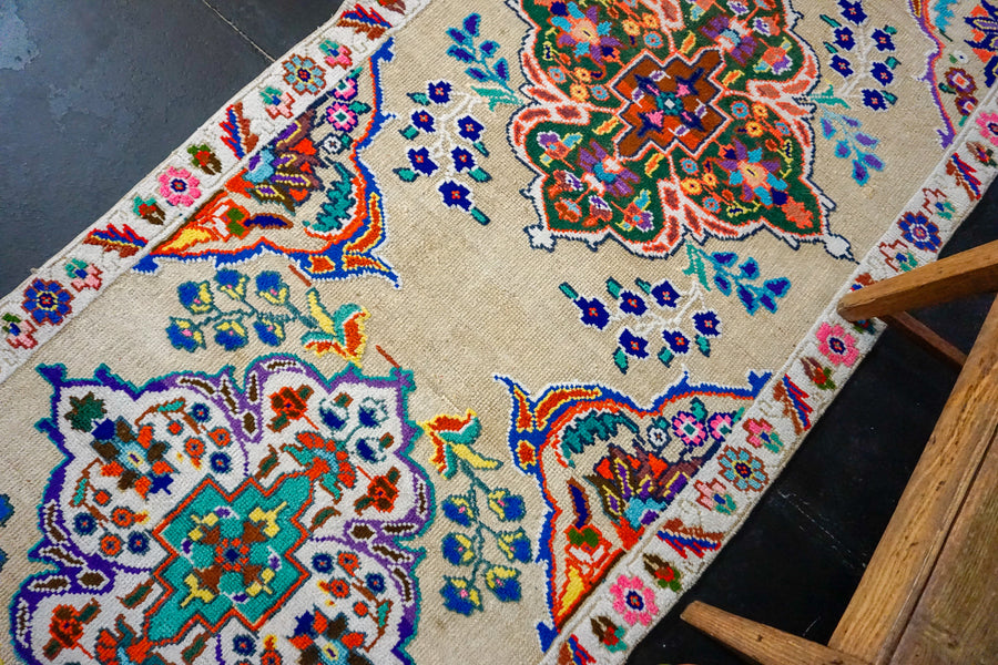 3’2 x 13’ Vintage Herki Runner Beige + Bright Colors