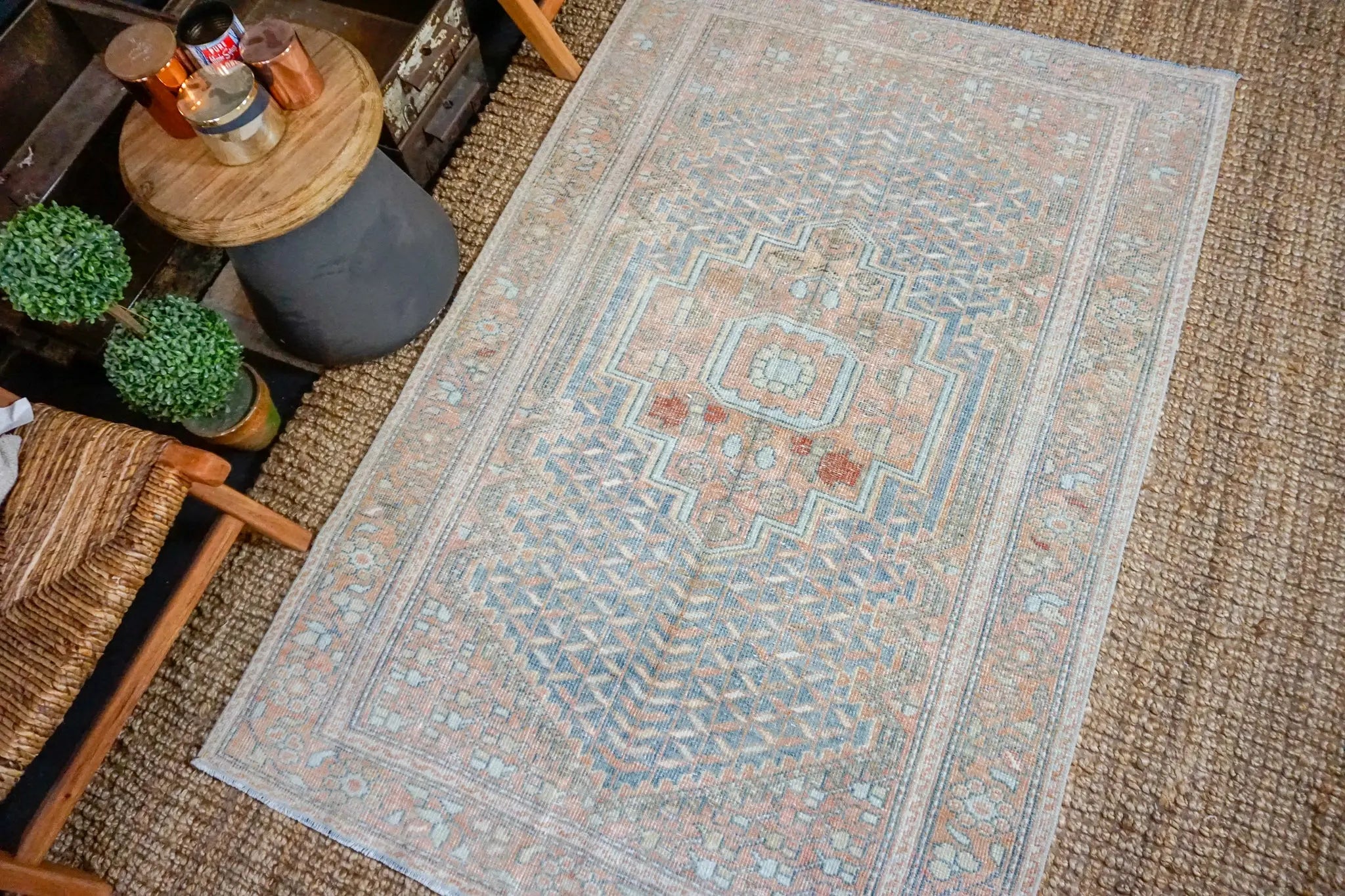 4’1 x 6’2 Vintage Turkish Carpet Muted Denim Blue + Terra Cotta & Brown '3782 Linda's Barn