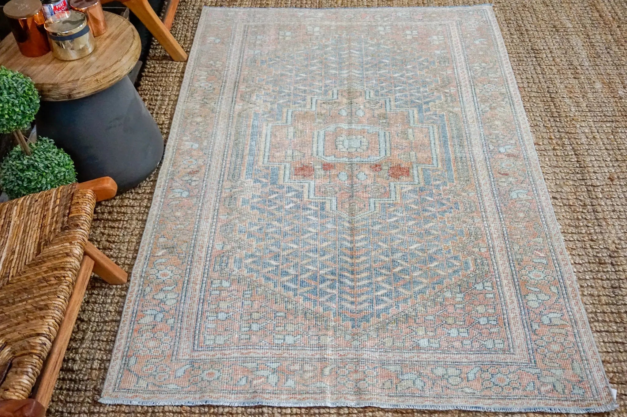 4’1 x 6’2 Vintage Turkish Carpet Muted Denim Blue + Terra Cotta & Brown '3782 Linda's Barn