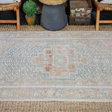 4’1 x 6’2 Vintage Turkish Carpet Muted Denim Blue + Terra Cotta & Brown
