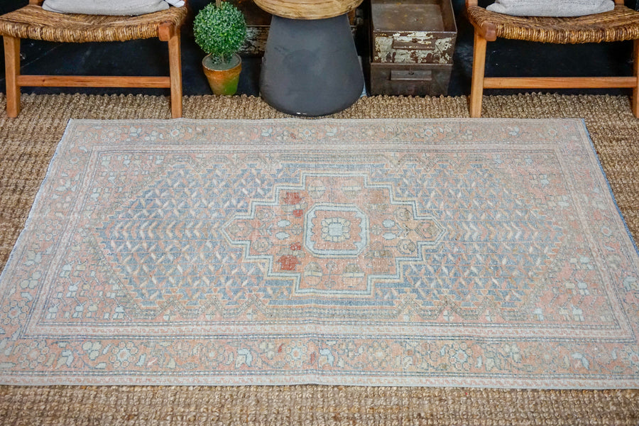 4’1 x 6’2 Vintage Turkish Carpet Muted Denim Blue + Terra Cotta & Brown