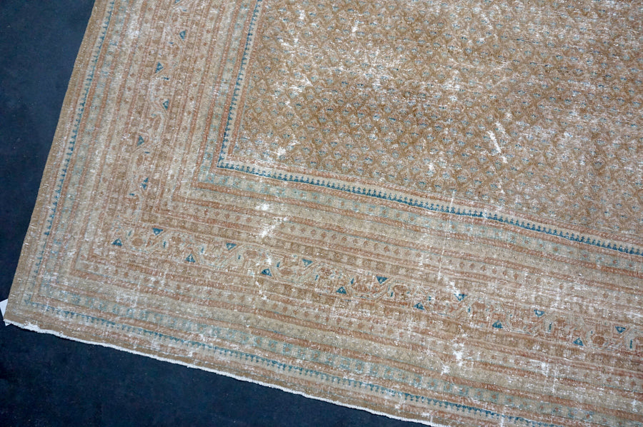 9’8 x 13’ Classic Vintage Carpet Muted Camel Brown, Denim Blue & Gray SB