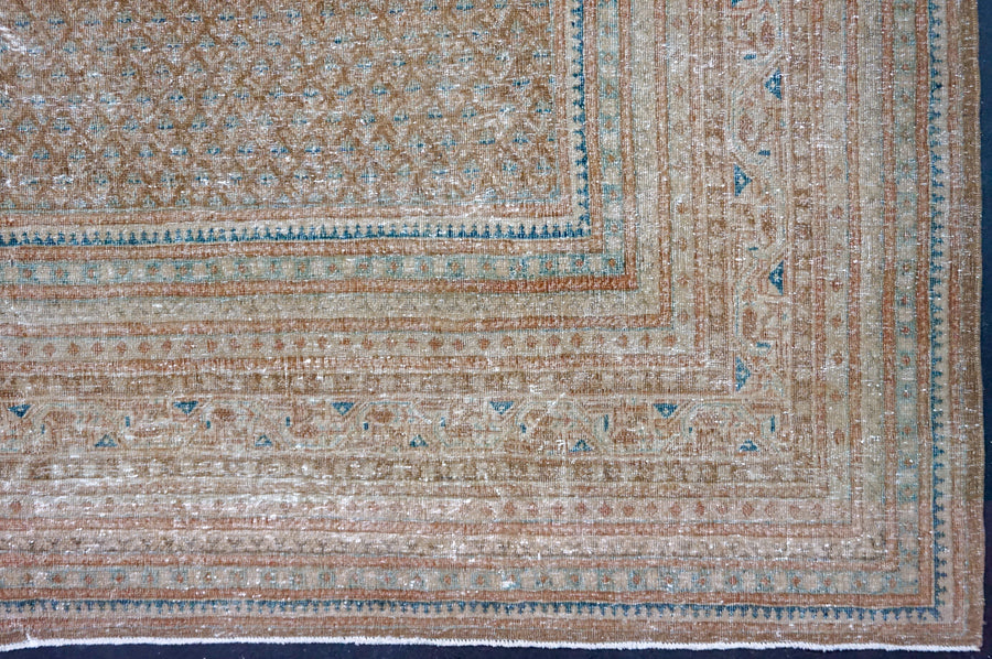 9’8 x 13’ Classic Vintage Carpet Muted Camel Brown, Denim Blue & Gray SB