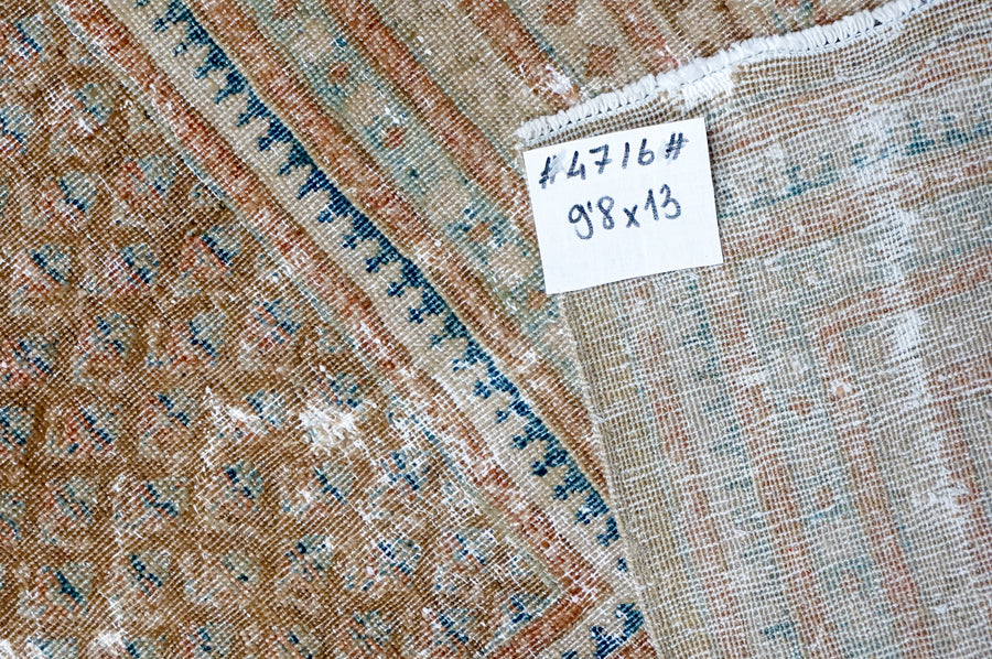 9’8 x 13’ Classic Vintage Carpet Muted Camel Brown, Denim Blue & Gray SB