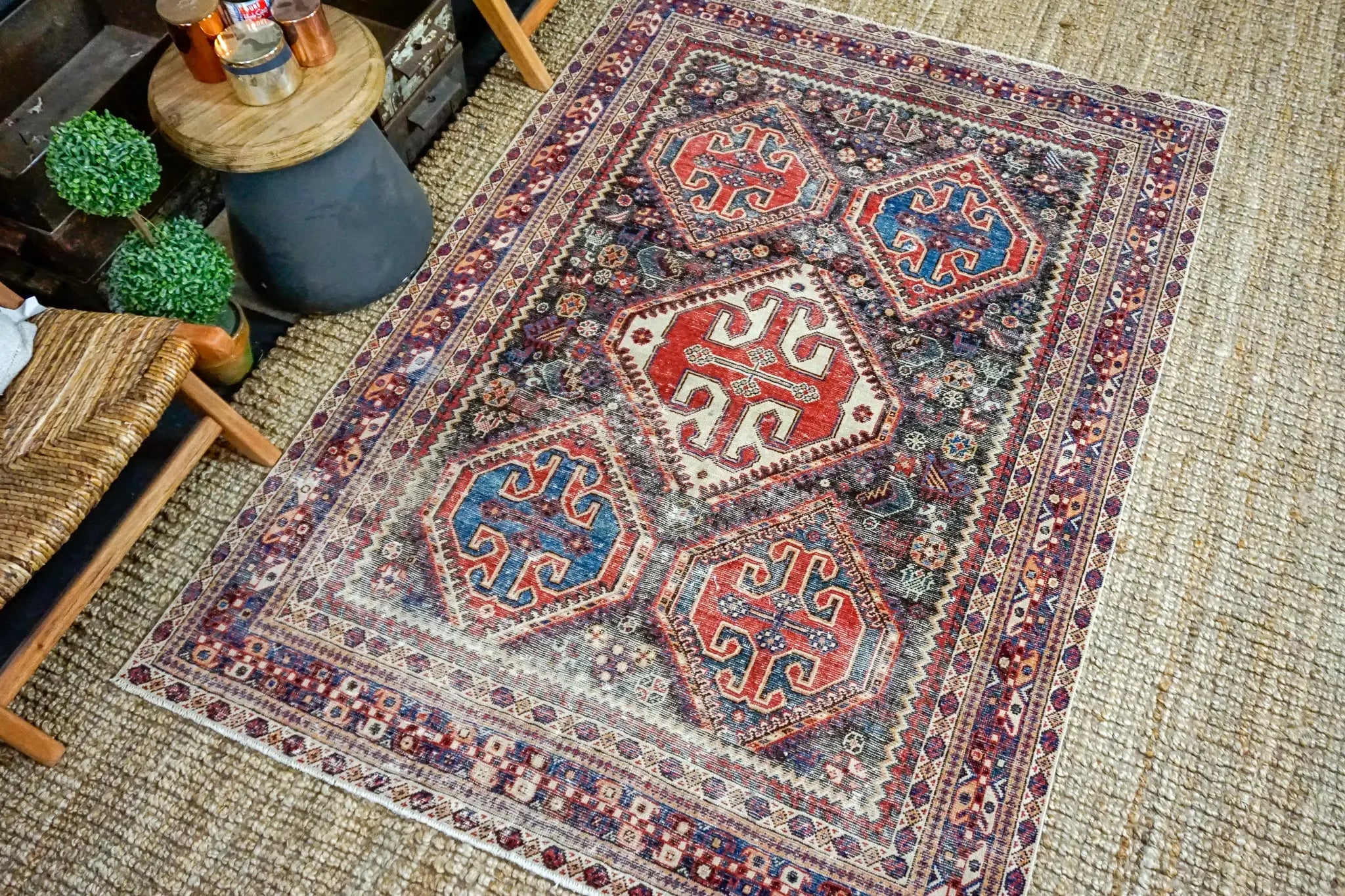 4’9 x 6’9 Classic Vintage Carpet Muted Indigo Blue, Red + Cream & Black '3703 Linda's Barn