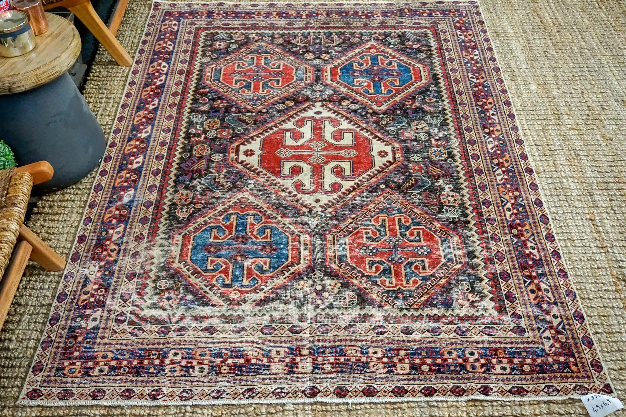 4’9 x 6’9 Classic Vintage Carpet Muted Indigo Blue, Red + Cream & Black '3703 Linda's Barn