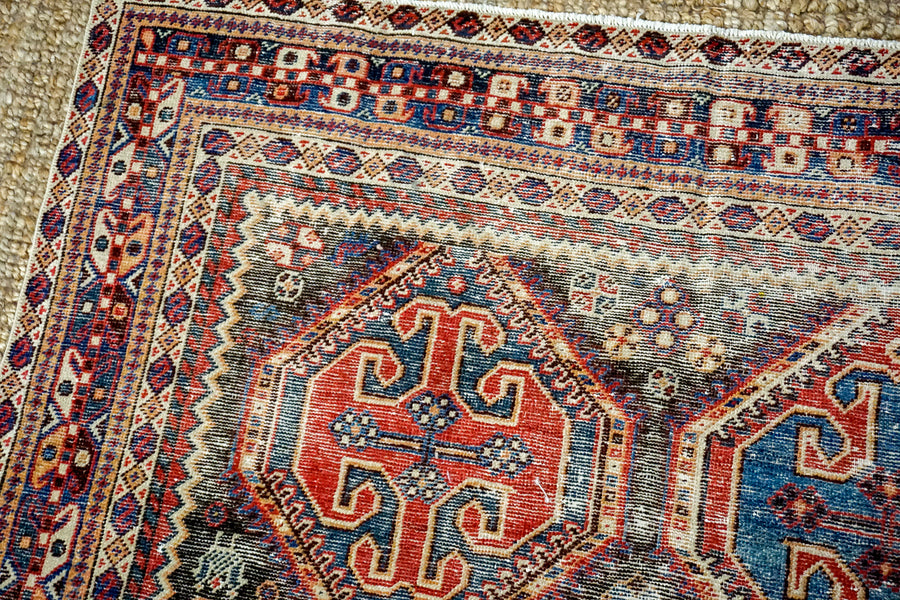 4’9 x 6’9 Classic Vintage Carpet Muted Indigo Blue, Red + Cream & Black