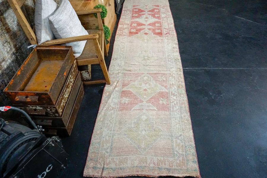 2’10 x 11’7 Vintage Oushak Runner Muted Coral Red + Cream